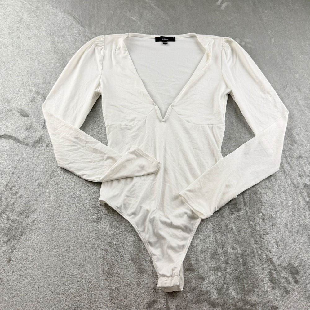 Lulus Women's Small Plunge Long Sleeve V-Neck Bodysuit White